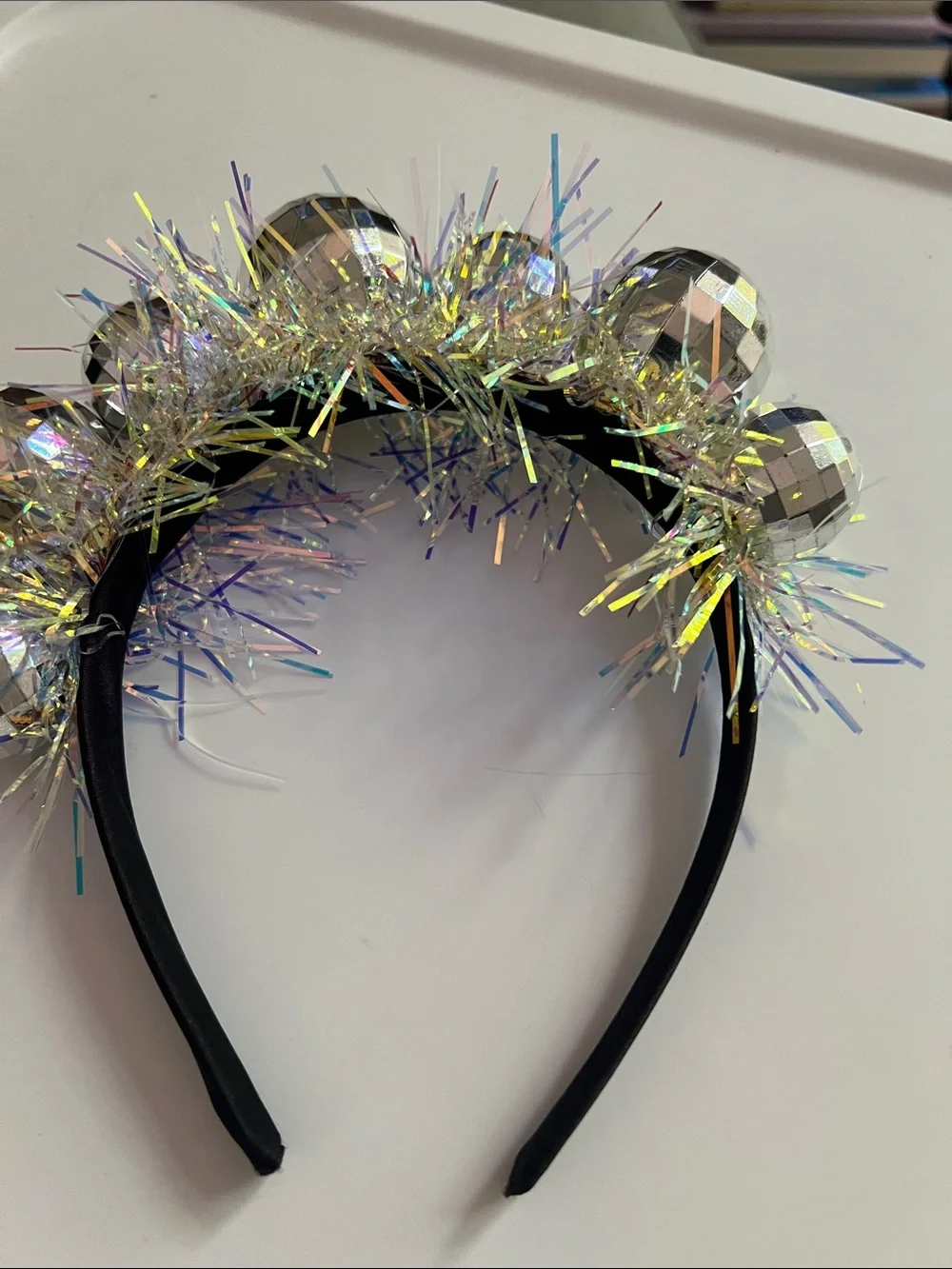 Disco Ball Tinsel Pom Headband - Silver/Black Iridescent Party Hair Accessory